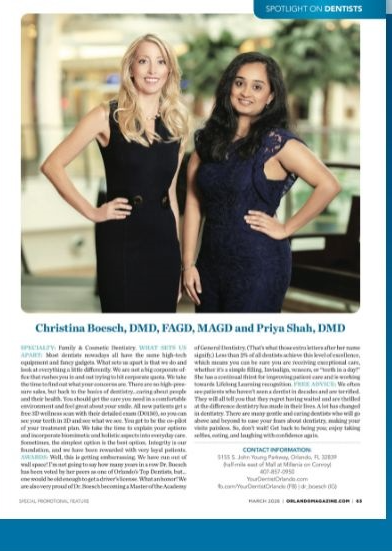 Orlando Magazine 'Spotlight on Dentists' page featuring Dr. Christina Boesch and Dr. Priya Shah
