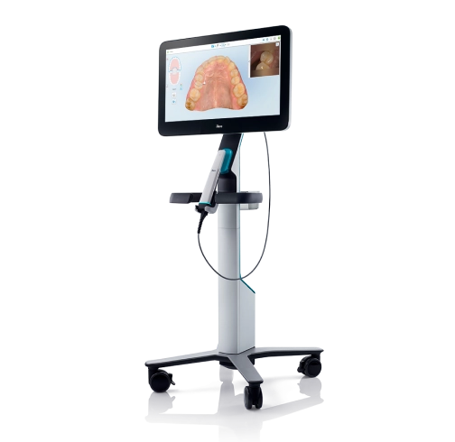 iTero digital scanner cart with wand and screen showing a 3D scan of teeth